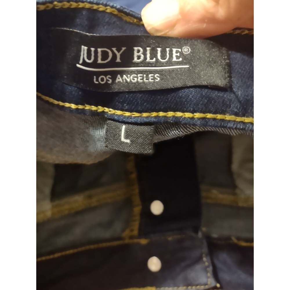 Judy Blue Dark Wash Gingham Cuffed Denim Shorts High Rise Button Fly L Picinic - Picture 6 of 7